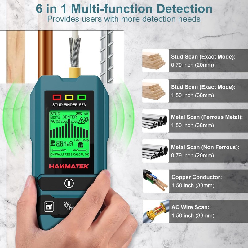 HANMATEK SF3 6-in-1 Stud Finder, High-Precision Wall Scanner for Wood,