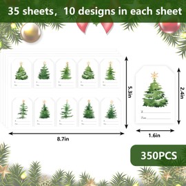JarThenaAMCS 350Pcs Christmas Tree Gift Tag Sticker Green Watercolor Plant Paper Decal 10 Designs to and from Sticker for Xmas Winter Envelope Present DIY Supplies, 1.6 x 2.4 in