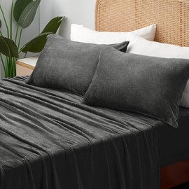 BEDELITE Flannel Sheets King Size Dark Grey - Super Soft Fleece Sheets Set Fluffy Extra Plush, 4 Piece(Include Fitted Sheet, Flat Sheet, 2 Pillowcases)
