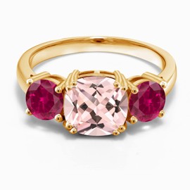 Gem Stone King 18K Yellow Gold Plated Silver Peach Nano Morganite and Red Created Ruby 3 Stone Engagement Ring For Women (4.00 Cttw, Gemstone October Birthstone, Cushion 8MM, Size 9)