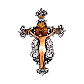 Calvary Sacred Heart Catholic Crucifix Wall Decor, Ornate Religious Decoration 10 Inch