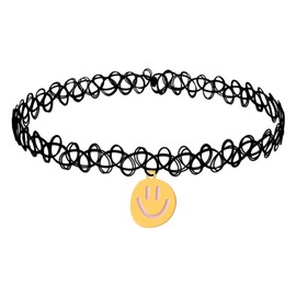 BodyJ4You Tattoo Choker Necklace - 90s Choker Necklace Women - 2000s Black Chokers - Smiley Face Happy Yellow Pink Charm Pendant - Vintage Emo Stretchy Elastic Necklace