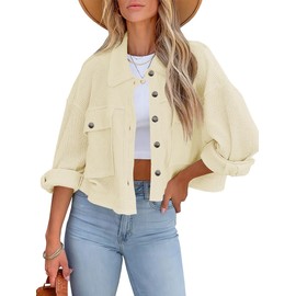 BZB Womens Waffle Knit Shacket Jackets Lightweight Cropped Shacket Long Sleeve Button Down Shirts
