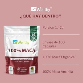 Wellthy Superfoods 100 Maca 100 Cpsulas. 710mg cu. Maca Premium 100 Pura y Natural. VCaps Cpsulas Veganas, Bottle Free.                               