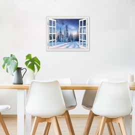 HVEST Winter Scene Wall Art Christmas Tree Snowy Pine Tree Forest Starry Night Window Canvas Wall Art Winter Nature Landscape Wall Art for Living Room Bedroom Decor Ready to Hang, 12Lx16W Inches