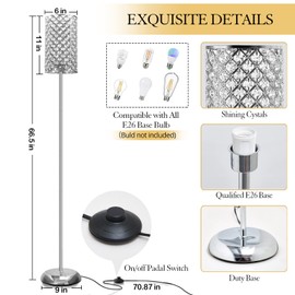Crystal Floor Lamp, Elegant Standing Lamp Modern Floor Lamp Silver Finish Tall Pole Lamp Accent Light with On/Off Foot Switch for Living Room, Girl Bedroom, Dresser, Office