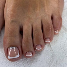 French False Toenails - Nude Pink Fake Toe Nails - 120Pcs Acrylic Toe Nails with Glue - Natural French Tip Toe Nails - Press On Toenails French Tip - Glossy Stick on Toenails