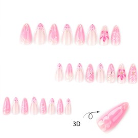 Gifiky 24Pcs French Pearls Tip Press on Nails - Short Almond False Nails with Acrylic Relief carvings Flowers Design, Pink Fake Nails for Women,Reusable Glue on Nails Full Cover Tips