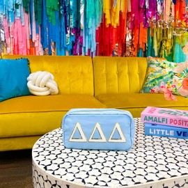 Delta Delta Delta Nylon Makeup Travel Bag, Glitter Greek Letter Patch, Cosmetic Case - Blue - ΔΔΔ