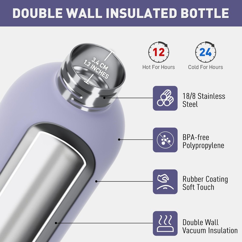 Small Water Bottle 12oz with Clip, Double Wall Stainless Steel