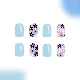 Square Press on Nails Short Fake Nails Blue Glossy Acrylic Nails Full Cover White Flower Glue on Nails Reusable Floral False Nails Spring Summer Stick on Nails for Women Manicure Decorations 24pcs