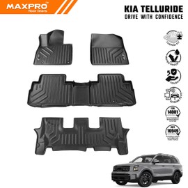 Premium MAXPRO Floor Mats for 2020-2025 Kia Telluride 3-Row Complete Set All Weather Waterproof TPE Floor Liners Custom Fit Automotive Floor Mats Kia Telluride Accessories Car Mats Full Set SUV Liners