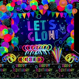 190 PCS Neon Glow Birthday Party Supplies - Let's Glow Backdrop Banner, Tablecloth, Glow in The Dark Balloons, Glow Sticks, Bracelet Connectors, Glasses and Headband for Neon Party Decorations