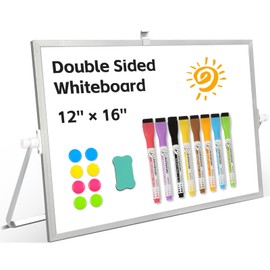 QUEENLINK Small White Board, 16"X12" Double-Sided Dry Erase Board with Stand, Magnetic Desktop Whiteboard with 8 Markers, 8 Magnets, 1 Eraser—Ideal for School, Home, and Office