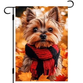 BlissYard Thanksgiving Fall Garden Flag 12x18 Inch Welcome Yorkshire Terrier Dog Outdoor Flag Double Sided Autumn Yard Banner with Red Black Scarf Maple Leaves for Porch Lawn Patio Decoration