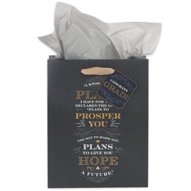 Christian Art Gifts Medium Portrait Scripture Gift Bag, Tag & Wrapping Tissue Paper Set for Men, Women, Grads: I Know the Plans Inspirational Bible Verse for Graduation, Satin Handles, Black/Gold/Gray