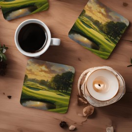 Golf Art Coaster Set, 4 x 9cm Glossy Wood Coffee Mat Golfer Gift