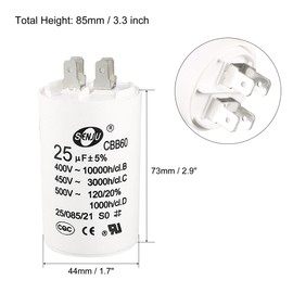 uxcell CBB60 Run Capacitor 25uF 450V AC Double Insert 50/60Hz Cylinder 73x44mm White for Air Compressor Water Pump Motor