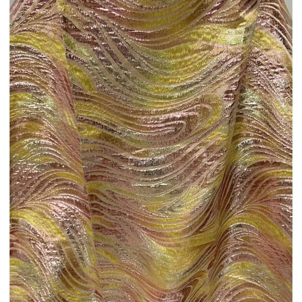 wowfabric4less123 Rose Pink Yellow Green Iridescent Metallic Brocade Fabric 58”