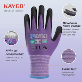 KAYGO KG18N Work Gloves Men Women 3 Pairs Micro Foam Nitrile Coated Breathable Nylon Protective Gloves, Non-Slip Grip Lightweight Oil Resistant, Ideal for Car Work, KG18N (Purple, L, Size 9)