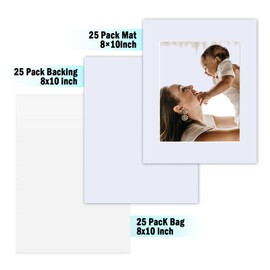 Egofine Pack of 25 White Mat Board Pre-Cut 8x10 Picture Mat for 5x7 Photo with White Core Bevel Cut Mattes Sets. Includes 25 High Premier Acid Free Mats & 25 Backing Board & 25 Clear Bags