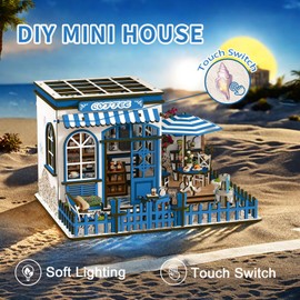 DIY Miniature House Kit, 3D Wooden Puzzle Seaside Coffee Shop with LED Lights, Book Nook Insert, Bookshelf Decor, DIY Dollhouse Craft Kit for Adults and Teens, Creative Gift Idea