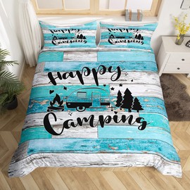 Camper Adventure Duvet Cover Set Queen Size,Happy Camping RV Trailer Decor Bedding Set 3pcs for Kids Boys Girls Adults,Rustic Farmhouse Wooden Door Comforter Cover,Blue Retro Quilt Cover,2 Pillowcases