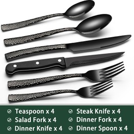 Black Hammered Silverware Set with Steak Knives, 24-Piece Stainless Steel Wave Flatware Set for 4, Food-Grade Tableware Cutlery Set, Utensil Sets for Home Restaurant, Mirror Finish, Dishwasher Safe