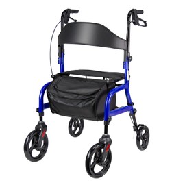 4 Wheel Rollator Walker with Seat for Seniors, Steel Foldable Rolling Walker, 300 lb, 8"/10" Wheels, Height and Handles Adjustable, Walker for Mobility Impaired, Blue