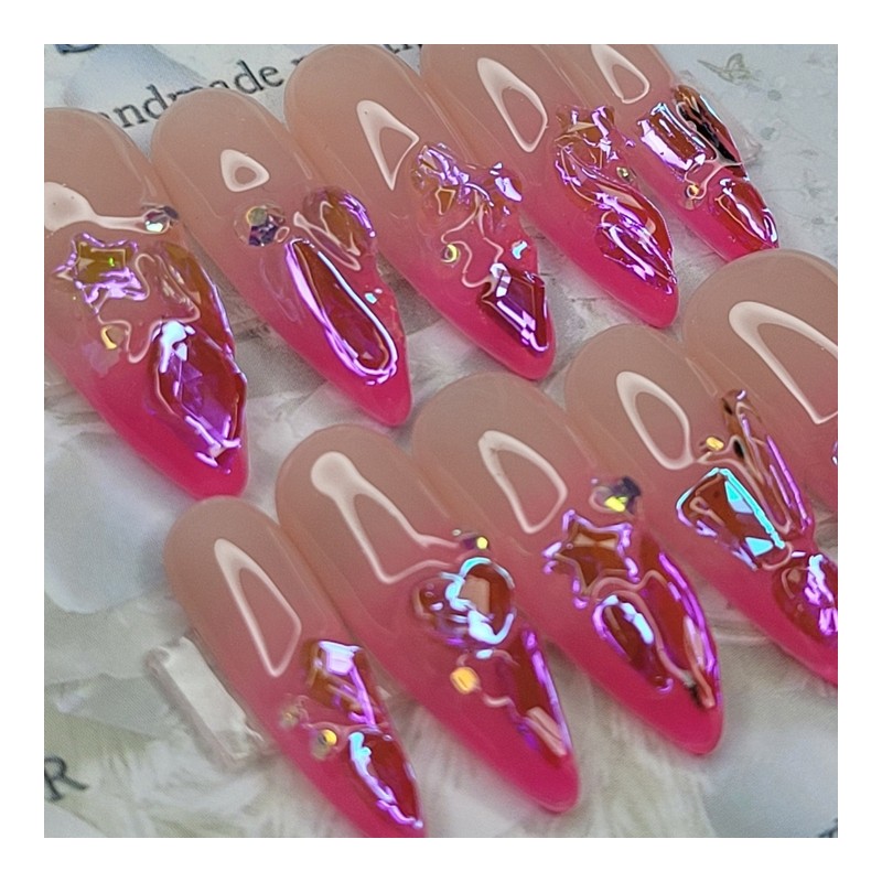 Hot Pink Glass Bead Handmade Nail Tip - Water Drop