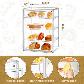 CroBlissful 2 Pcs Pastry Display Bakery Display Case Countertop Large Bread Box for Kitchen 4 Layers Adjustable Acrylic Bread Storage with Magnetic Door for Stores Cupcake Handbags 15.5x10x11.5 Inch