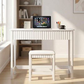 ChooChoo 40 Inch Modern Desk with Drawers, Makeup Vanity Desk with Padded Stool, Small Home Office Desk for Bedroom, White