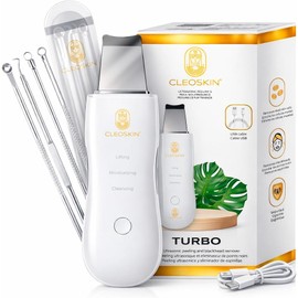CLEOSKIN. Espátula Peeling Ultrasónico para remover espinillas y puntos negros. Incluye 2 fundas de silicona para limpieza facial y 4 agujas de acero para espinillas