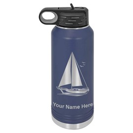 LaserGram Personalized Water Bottle, Sailboat, Stainless Steel Double Wall Vacuum Insulated with Flip Top Straw, Custom Engraved Gift (32oz / 950ml Navy Blue)