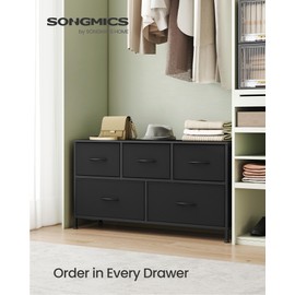SONGMICS Dresser for Bedroom, Chest of Drawers, TV Stand, Steel, MDF, 5 Non-Woven Fabric Drawers, Storage Organizer Unit, Closet, Entryway, Ink Black and Ebony Black ULGS322B01S