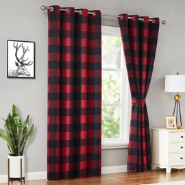Melodieux Buffalo Check Plaid Blackout Curtains 63 Inch Length for Bedroom, Living Room Thermal Insulated Room Darkening Grommet Drapes, Black Red, 50 x 63 Inch, 2 Panels