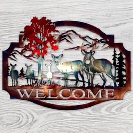 Gudui Metal Deer Wall Decor Welcome Forest Deer Mountain Metal Wall Art Rustic Cabin Wildlife Hunting Wall Decor for Lodge Patio Decoration Outdoor, Colorful, 13 X 13 Inch