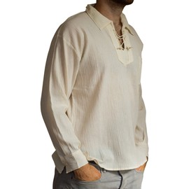Cotton Summer Ethically Traded Drawstring Shirt, Long Sleeves - from Ecuador Made for Tumi - Weight Cool Material, Beige, XL