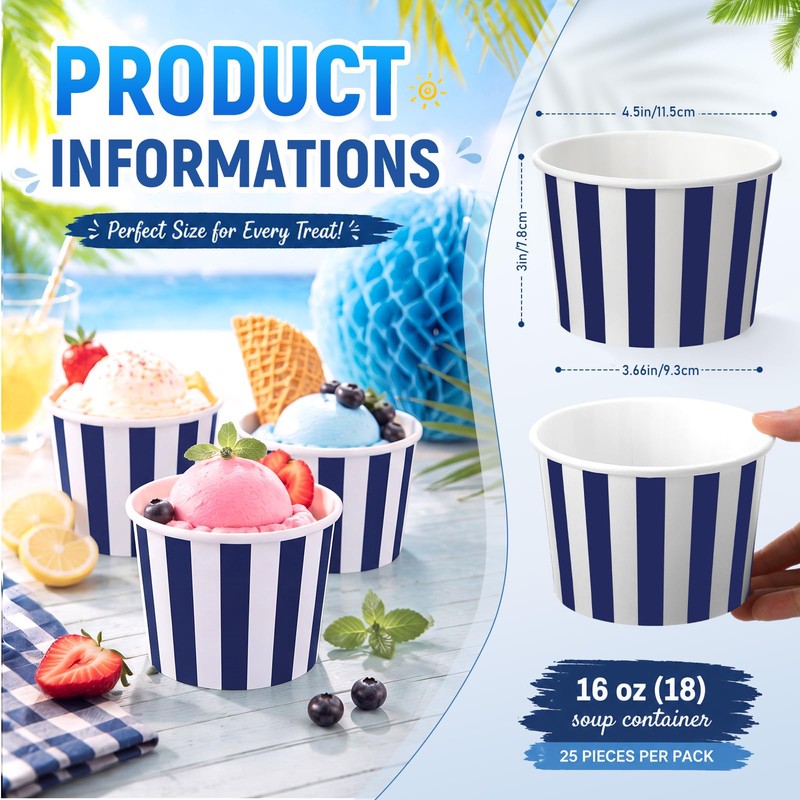 50 Count Navy Blue White Striped Ice Cream Cups Large