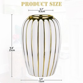 Oairse Modern Vase for Flowers 25cm Gold White Ceramic Flower Vase For Decorative Wedding Party Home Vases Décor Table Centerpieces Mantel Shelf Office Living Room Bedroom Decoration