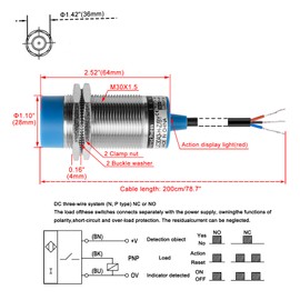 Heschen M30 Capacitive Proximity Sensor Switch Non-Shield Type LJC30A3-H-Z/BY Detection 1-15mm 10-30VDC 200mA PNP Normally Open(NO) 3 Wires