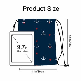 Sotunad Nautical Element Pattern Drawstring Bag 14x16.9 Inch Red Hearts and Anchors on Navy Blue Background Gym Bag Stroage Small Exercise Accessiors Water Bottle Change of Clothes Shoes