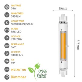 R7S LED 118 mm Dimmable 30 W, R7S LED Bulbs Replacement for 300 W J118 mm Halogen Rod, Warm White 3000 K 3000 LM No Flickering, 360° Beam Angle Rod Bulbs, Pack of 2