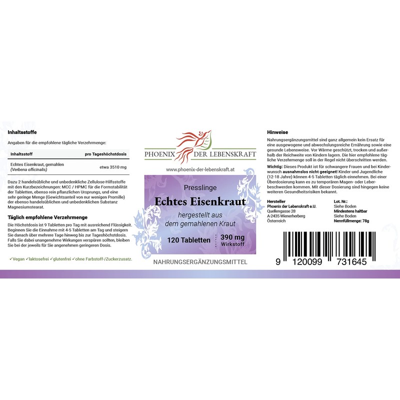 Genuine Verbena Tablets - 390 mg Active Ingredient, Verbena Officinalis