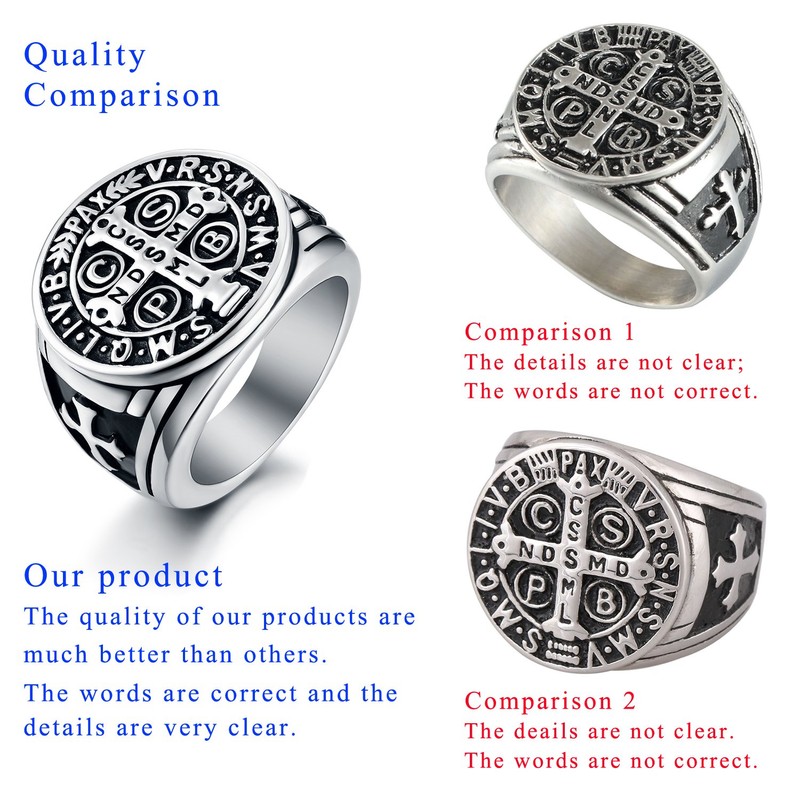 LAOYOU 2Pcs Men's St Benedict Ring Silver Black Stainless Steel