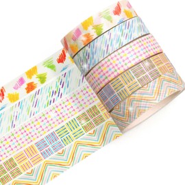 YUBX 5pcs Masking Tape Cute Pattern Washi Tape with Glitter Design DIY Craft Journal Notebook Runner Scrapbooking Wrapping Present Decoration (4 Colorful Lines)