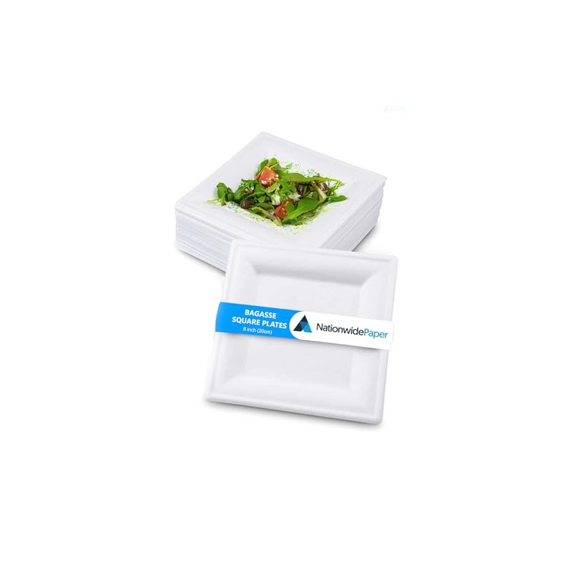 NationwidePaper 8 Inch Biodegradable Square Paper Plates, Bagasse White Disposable