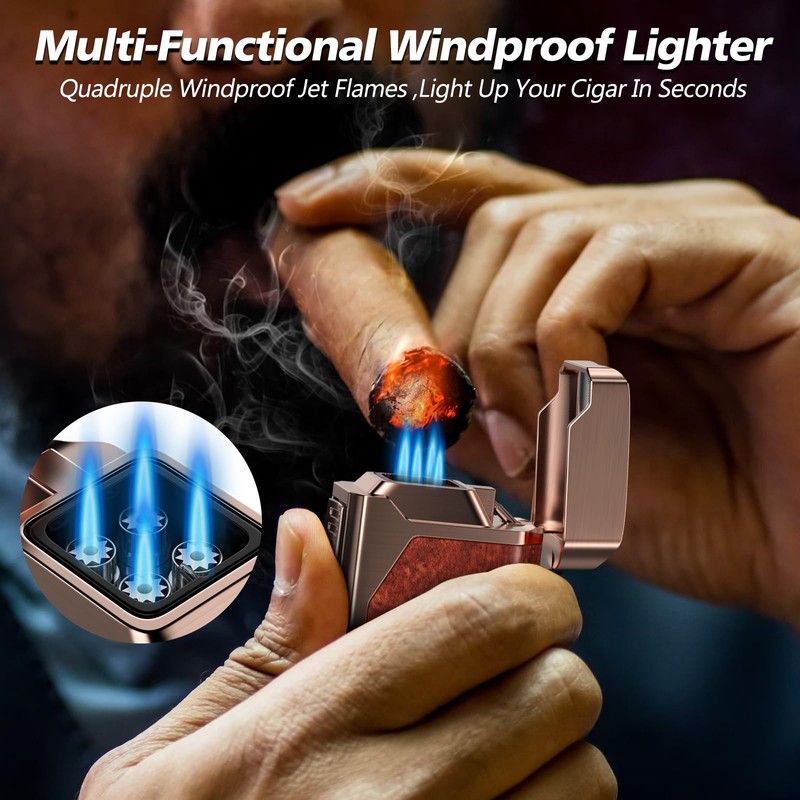 USEWIRE Cigar Lighter, Multifunctional Lighter with V-Cigar Cutter, Cigar Holder,