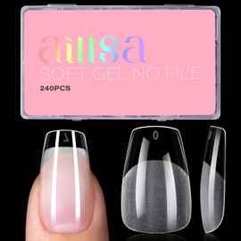 AILLSA Medium Coffin Nail Tips 240Pcs Soft Fake Nail Gel Tips Pre-Shaped Acrylic Nail Tips, Half Matte Full Cover Clear Tips False Press on for Extension Manicure Home DIY 15 Sizes Gelly Tips