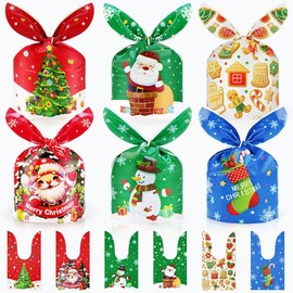 Weenkilly 120 Pcs Christmas Treat Bags, 6 Style Candy Bags for Kids, Cute Reindeer Ear Plastic Small Christmas Gift Bags Goodie Bags for Christmas Party Favor Supplies